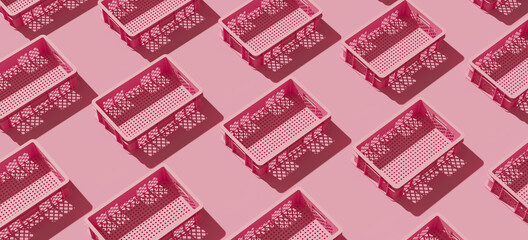 Minimal composition for business, shipping and storage concept. Pink plastic crate container on pink background. 3d rendering illustration.