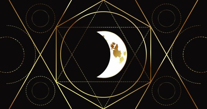 Eclipse of the moon flat image on a black background with a geometric golden pattern. Astrology, astronomy movie loop