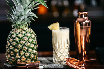 details of pina colada alcoholic cocktail with rum and ice