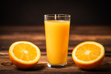 Fresh orange juice in the glass cup with oranges on old wooden table.