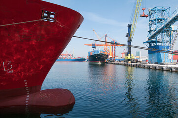 Loading and unloading operations in cargo ship terminals. Mersin, Turkey