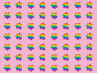 THE LGBT symbol on a pink background puzzles decorated with symbols of flowers.
