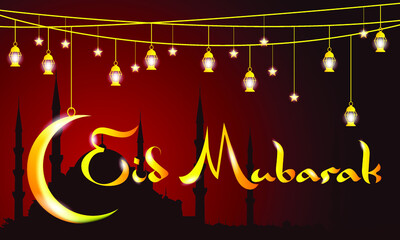 Eid mubarak vector illustration. Islamic celebration day. Shining lantern and stars element. Red background