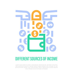 Different sources of income: dollar coins fall from faucets in purse. Thin line icon. Vector illustration.