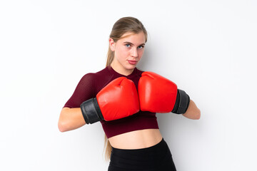 Sport teenager girl over isolated white background with boxing gloves