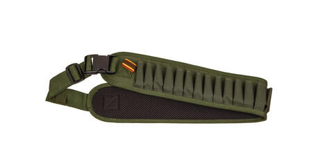 Modern bandolier for cartridges of 12 calibers isolate on a white back. Cartridge belt olive green....