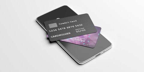Online payment, shopping concept, Credit cards and smartphone isolated on white background. 3d illustration