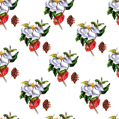 Seamless print of a branch of flowering acacia. Watercolor. Illustration