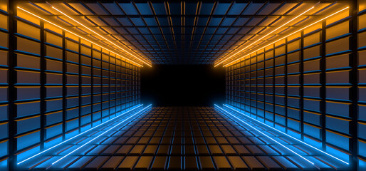 A dark corridor lit by colorful neon lights. Reflections on the floor and walls. 3d rendering image.