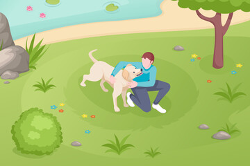 Dog pet and owner playing at grass lawn in park, vector isometric illustration. Girl woman or boy man cuddle and caress dog pet at park lake, domestic animals care and daily life