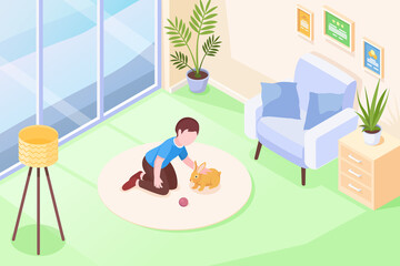 Pets, kid girl playing with rabbit in room, vector isometric illustration. Girl child cuddle rabbit pet and play with toy ball on floor carpet, domestic animals at house, modern flat interior