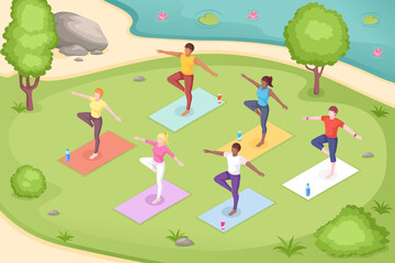 Obraz na płótnie Canvas Yoga outdoor in park, group class meditation, vector isometric illustration of women in pose on yoga mats. Yoga group class in park, body balance and stretch pilates, mediation and wellness activity