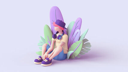 Casual young guy in headphones sits in green purple leaves. Teenager with pink hair in cap, yellow T-shirt, blue shorts enjoys nature. Concept art of meditation and health. 3d render in pastel colors.