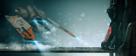 Old scratched metal white orange spaceship hovering over a bridge with a cryo chamber in empty space with volumetric light in an abandoned sci-fi interior. Assault fighter, gunship. 3d illustration. © roman3d