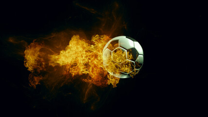 Soccer ball in fire, isolated dark background. 3d render. 