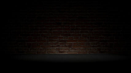 3D background of dark red brick wall and dark gray concrete floor with bottom light.