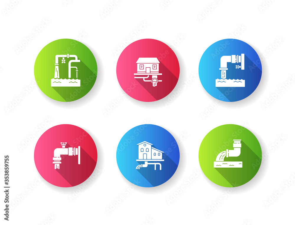 Sticker Drainage pipe system flat design long shadow glyph icons set. Home sanitation service. Pipeline structure for waste water. House utility. Pipe with liquid. Silhouette RGB color illustration