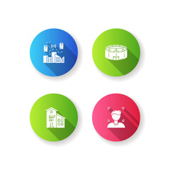 City buildings flat design long shadow glyph icons set. Network coverage. Urban wifi zone. Green building. Stadium for sport event. Face recognition. Silhouette RGB color illustration