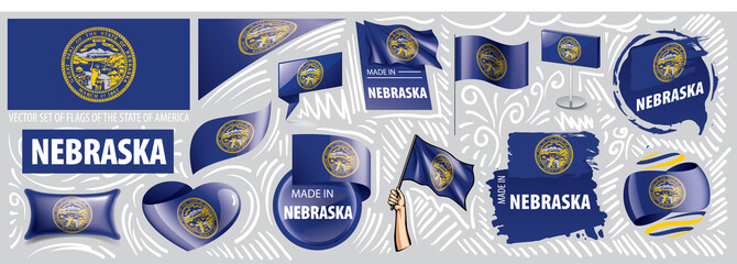 Vector set of flags of the American state of Nebraska in different designs