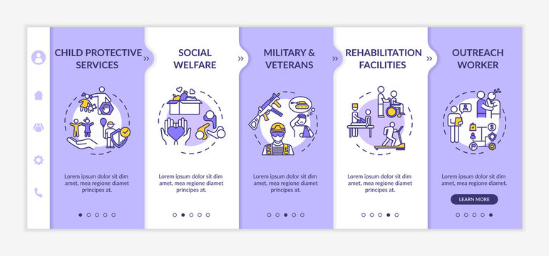 Social Welfare Onboarding Vector Template. Child Protective Services. Rehabilitation Center. Responsive Mobile Website With Icons. Webpage Walkthrough Step Screens. RGB Color Concept