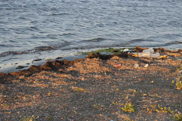 Plastic bottles left on the dirty sand beach with various garbages