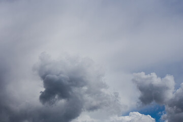 Fluffy clouds cover the summer blue sky