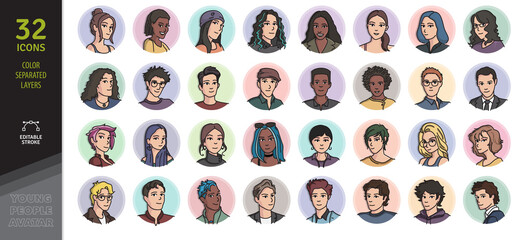 Young People Avatar icons Pack. Thin line and Colored Collection icons