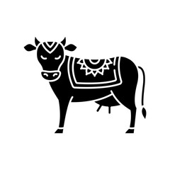 Holy cow black glyph icon. Sacred animal. Religious symbol of India. Indian culture. Symbol of earth. Agriculture, dairy industry. Silhouette symbol on white space. Vector isolated illustration