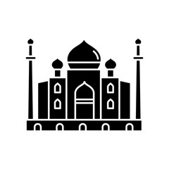 Taj Mahal black glyph icon. Marble mausoleum. Historical monument. Mughal architecture. Tourist attraction. Wonder of world. Silhouette symbol on white space. Vector isolated illustration