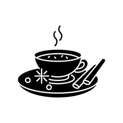Masala chai black glyph icon. Indian tea with spices and herbs. Traditional drink. Hot beverage. Cocoa with cinnamon. Morning coffee. Silhouette symbol on white space. Vector isolated illustration