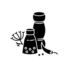 Indian spices and herbs black glyph icon. Traditional seasoning. Asian culture. Cooking ingredients. Chili and black pepper. Silhouette symbol on white space. Vector isolated illustration
