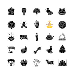 Indian culture black glyph icons set on white space. National animals. Traditional ceremonies. Religious symbols. Asian cuisine. Ethnic heritage. Silhouette symbols. Vector isolated illustration