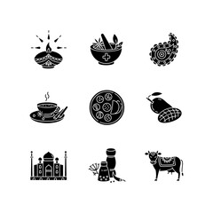 Indian traditions black glyph icons set on white space. National cuisine. Ayurveda medicine. Taj Mahal. Sacred cow. Diya. Diwali festival. Thali dish. Silhouette symbols. Vector isolated illustration