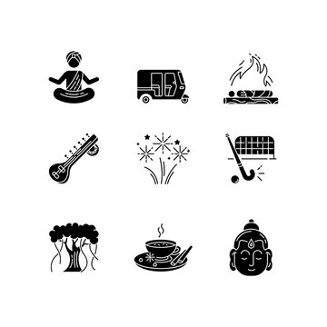 Indian customs black glyph icons set on white space. Religious symbols and ceremonies. Buddha. Sitar instrument. Hindu funeral. Tuk tuk. Banyan tree. Silhouette symbols. Vector isolated illustration