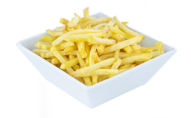 Crispy French Fries isolated on white background (close-up shot)