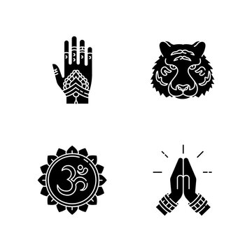 Indian culture black glyph icons set on white space. Mehndi on hand. Henna drawings. Bengal tiger. Om visual representation. Namaste gesture. Silhouette symbols. Vector isolated illustration