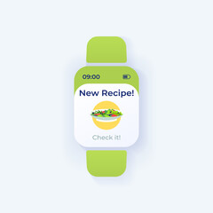 Daily recipe smartwatch interface vector template. Mobile app notification day mode design. Breakfast preparation idea message screen. Flat UI for application. Fresh snack. Smart watch display