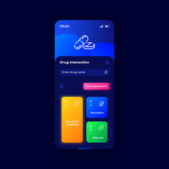 Drug interaction calculation smartphone interface vector template. Medical mobile app page dark design layout. Pills side effects info screen. Flat UI for application. Medications on phone display