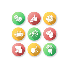 Vegetarian food flat design long shadow glyph icons set. Raw ingredient for vegan salad. Dieting for fitness. Fresh organic food from farmer market. Silhouette RGB color illustration