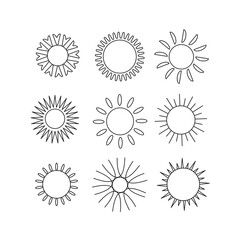Vintage sun badges. Vector sketches of sun rays.