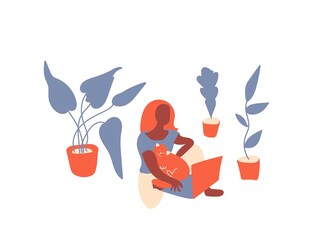 Vector freelance girl at computer and cat with urban plants stay home.An illustration of person studying lessons in a house in blue and red shades.Design for banner,web,social networks,packaging.