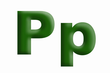 Letter of the alphabet P, volumetric letter, grassy green, large and small.
