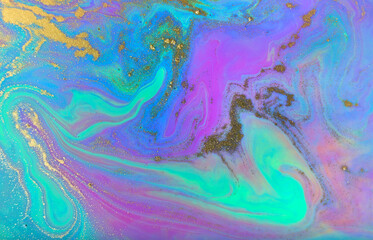 Beautiful purple, turquoise and gold ripplle pattern. Vivid marble background.