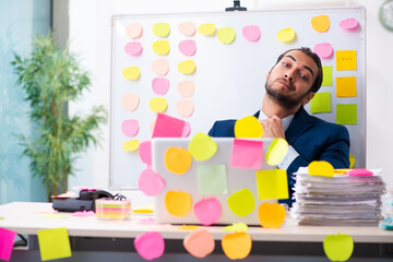 Young male employee in conflicting priorities concept