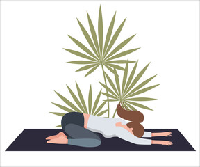 Vector illustration of woman in yoga pose. Home yoga practice. Can be used as print, poster, packaging design, web, book or magazine illustration, sticker, postcard, invitation.