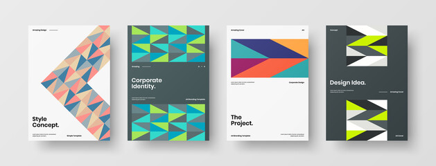 Company identity brochure template collection. Business presentation vector A4 vertical orientation front page mock up set. Corporate report cover abstract geometric illustration design layout bundle.