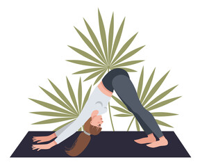 Vector illustration of woman in yoga pose. Home yoga practice. Can be used as print, poster, packaging design, web, book or magazine illustration, sticker, postcard, invitation.