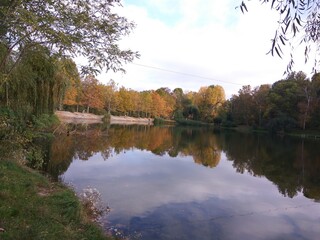 Autumn landscape. lake, trees with golden leaves are reflected in the water