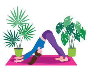 Vector illustration of Woman in downward facing dog yoga pose.  Yoga at home. Can be used as print, postcard, invitation, poster, packaging design, sticker, web, book or magazine illustration.