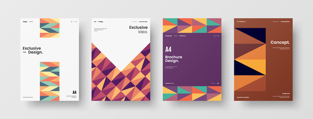 Company identity brochure template collection. Business presentation vector A4 vertical orientation front page mock up set. Corporate report cover abstract geometric illustration design layout bundle.